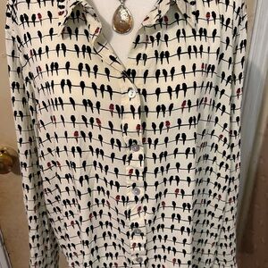 Jane and Delancey Cream Blouse with Black & Red Bird Print